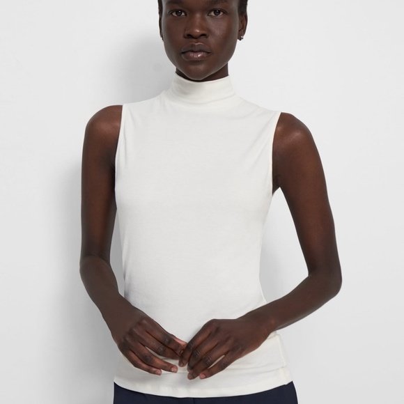 Theory Tops - Theory | Small | Sleeveless Turtleneck Sweater in Ribbed Viscose | Ivory/White